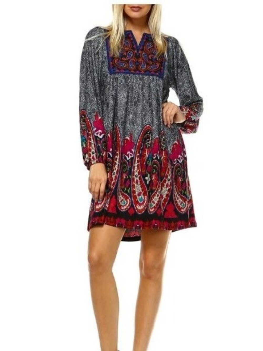 White Mark Women's Apolline Embroidered Long Sleeve Boho Dress Size L Paisley